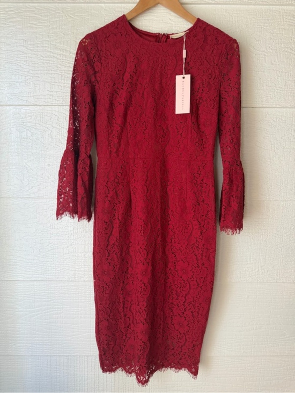 Rachel Parcell NWT Burgundy Lace Bell Sleeve Sheath Midi Dress Small